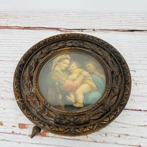 Vintage "Madonna of the Chair" by Raphael In Wood Carved Frame Made in Italy